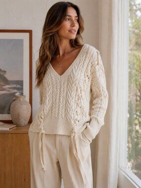 Zara Cable Knit Lace-Up Cotton Sweater Cottagecore S